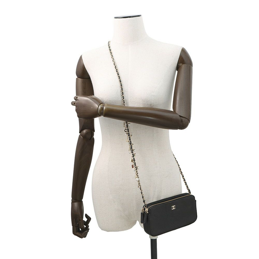 シャネル チェーンウォレット ココマーク リザード A82527 CHANEL ポシェット 財布 黒