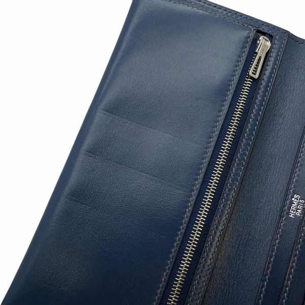 エルメス 長財布 ベアンクラシック ブルーロイ/シルバー金具 ボックスカーフ □B刻印 HERMES 財布