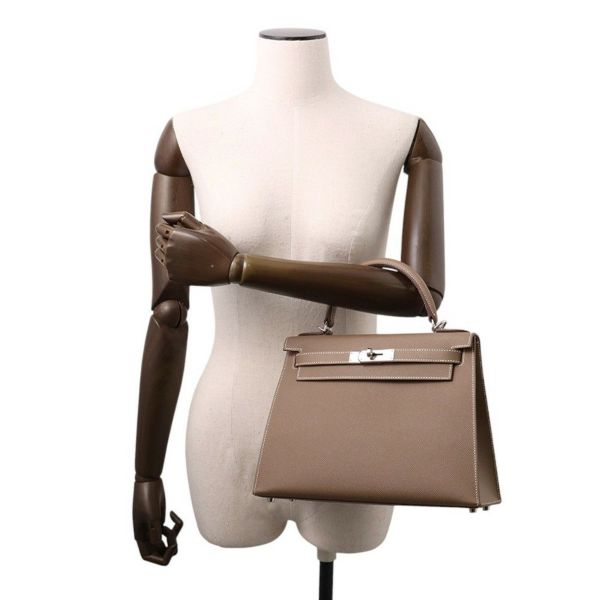 エルメス ハンドバッグ ケリー28 外縫い エトゥープ/シルバー金具 エプソン B刻印 2wayショルダー