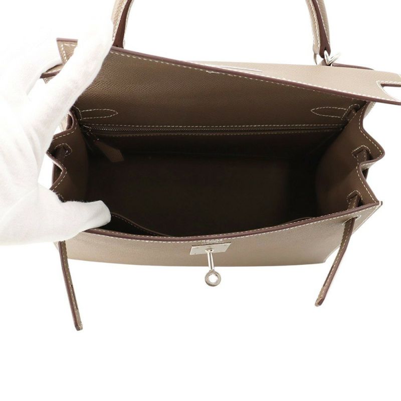 エルメス ハンドバッグ ケリー28 外縫い エトゥープ/シルバー金具 エプソン B刻印 2wayショルダー