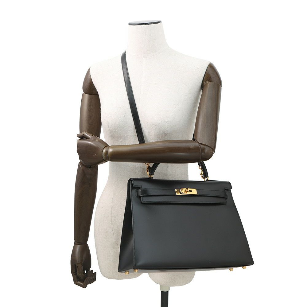 エルメス ハンドバッグ ケリー32 外縫い ブラック/ゴールド金具 ボックスカーフ □B刻印 2wayショルダー 黒