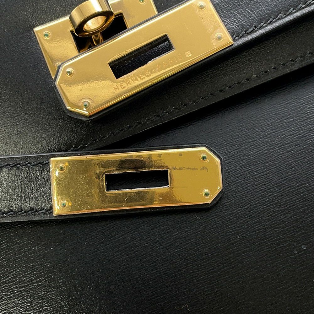 エルメス ハンドバッグ ケリー32 外縫い ブラック/ゴールド金具 ボックスカーフ □B刻印 2wayショルダー 黒