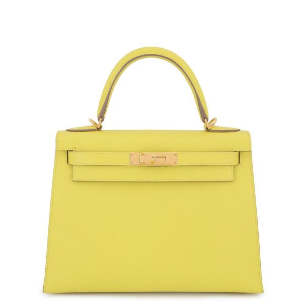 エルメス ハンドバッグ ケリー28 外縫い ライム/ゴールド金具 エプソン D刻印 2wayショルダー