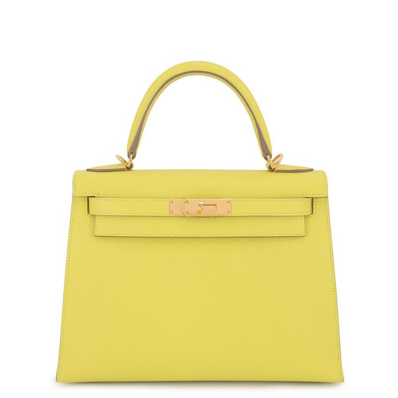 エルメス ハンドバッグ ケリー28 外縫い ライム/ゴールド金具 エプソン D刻印 2wayショルダー