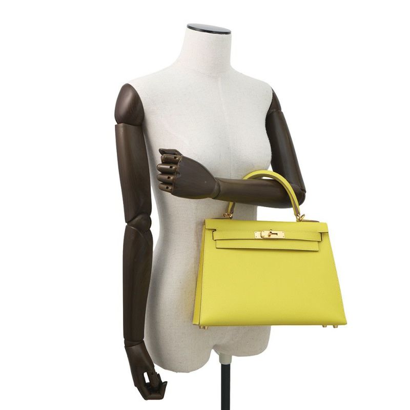 エルメス ハンドバッグ ケリー28 外縫い ライム/ゴールド金具 エプソン D刻印 2wayショルダー