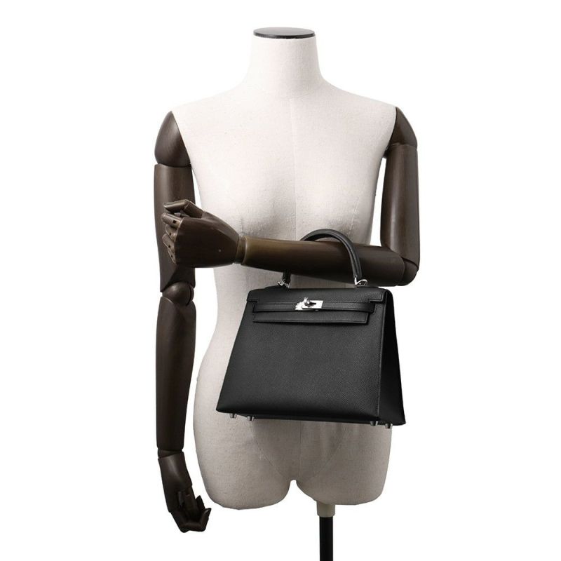 エルメス ハンドバッグ ケリー25 外縫い ブラック/シルバー金具 エプソン K刻印 2wayショルダー 黒