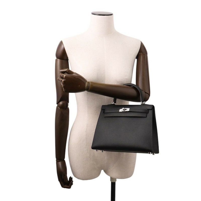 エルメス ハンドバッグ ケリー25 外縫い ブラック/シルバー金具 エプソン K刻印 2wayショルダー 黒