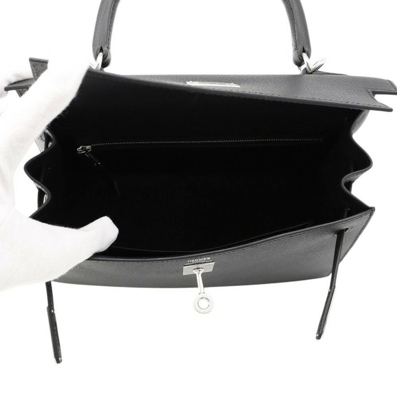 エルメス ハンドバッグ ケリー25 外縫い ブラック/シルバー金具 エプソン K刻印 2wayショルダー 黒