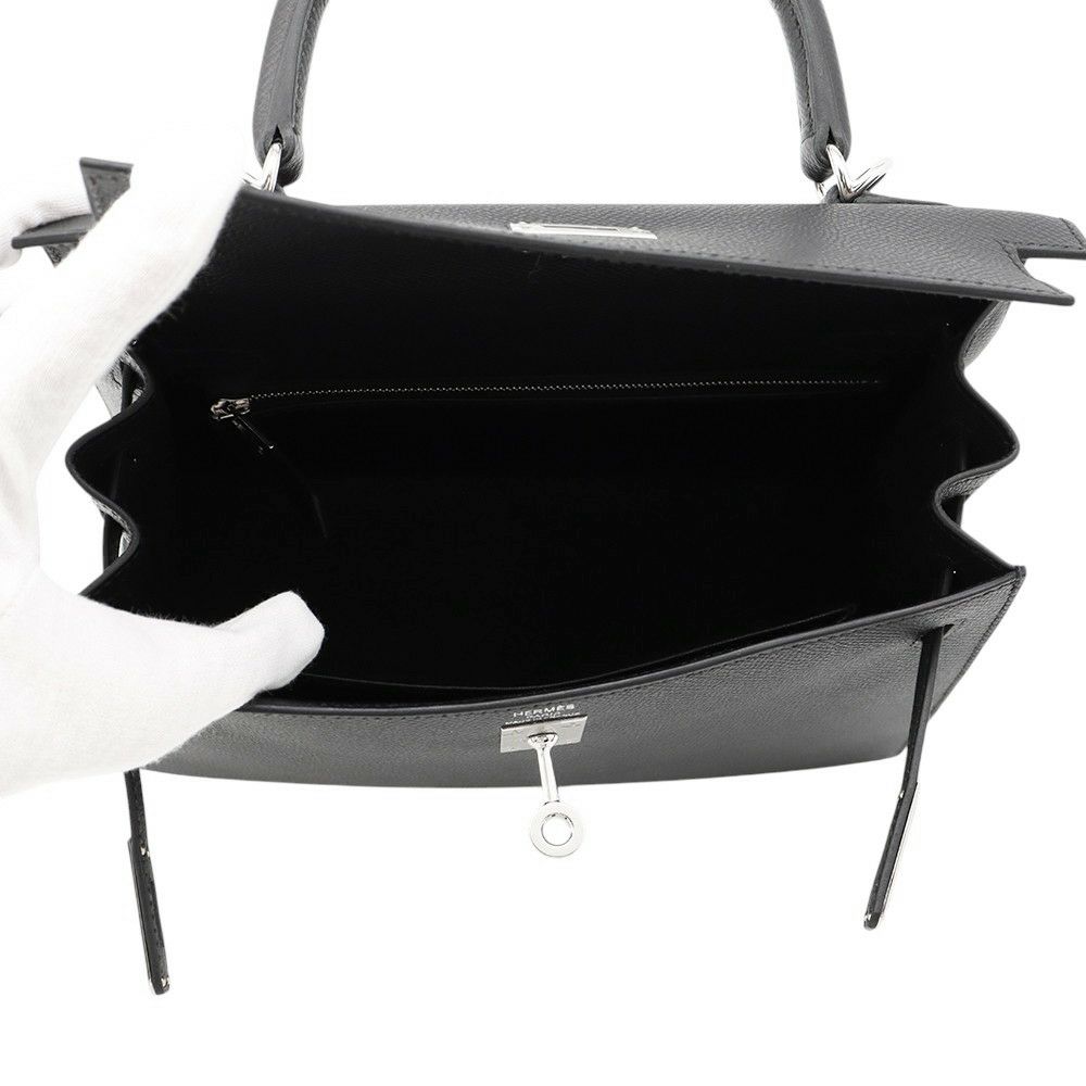 エルメス ハンドバッグ ケリー25 外縫い ブラック/シルバー金具 エプソン K刻印 2wayショルダー 黒