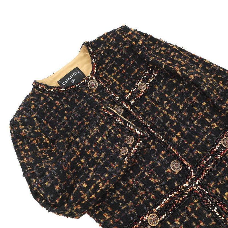 シャネル セットアップ ノーカラージャケット サイズ36 スカート サイズ38 ツイード グリポアボタン P61915V47013 黒