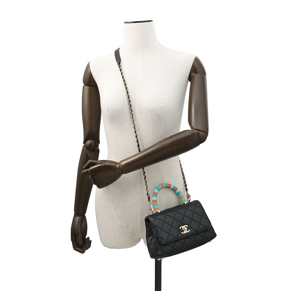 シャネル ハンドバッグ ココマーク マトラッセ トップハンドル ミニ フラップ レザー AS2215 CHANEL 2way 黒