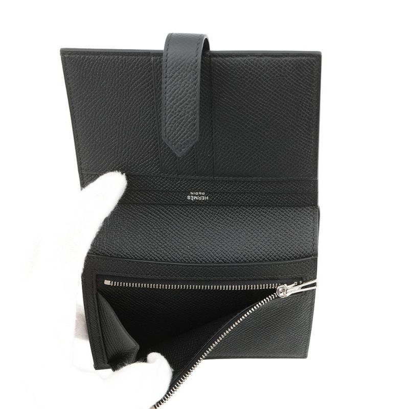 エルメス 二つ折り財布 ベアンコンパクト ブラック/シルバー金具 エプソン B刻印 エプソン 財布 黒