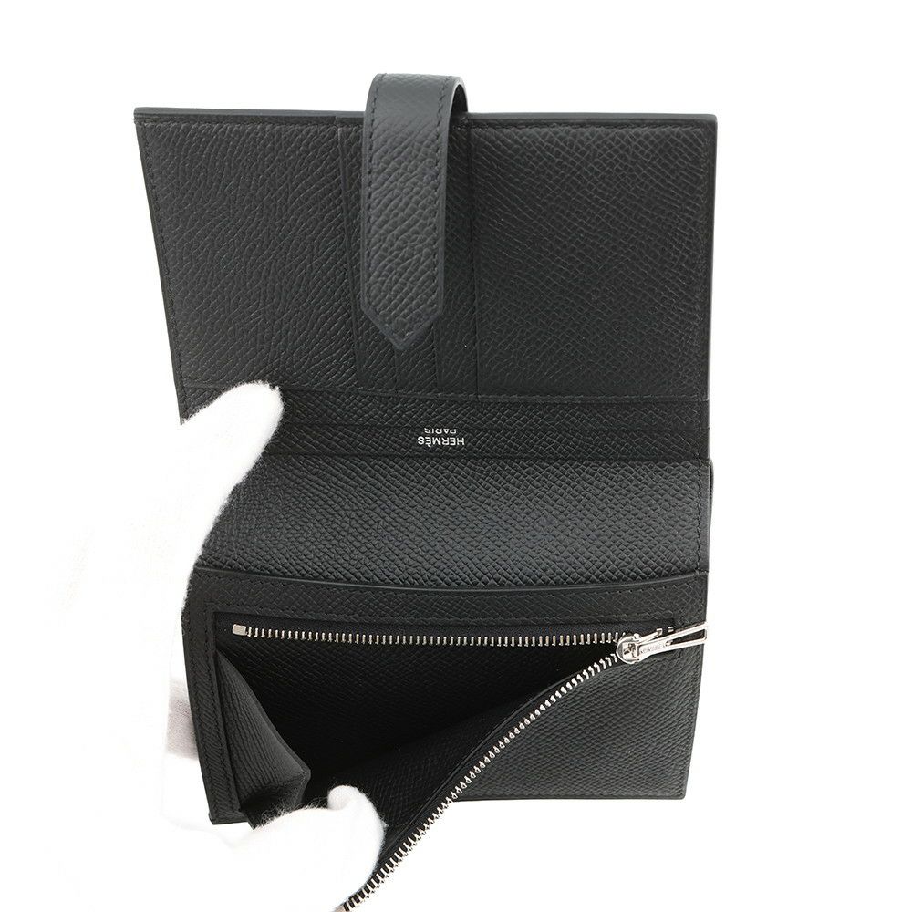 エルメス 二つ折り財布 ベアンコンパクト ブラック/シルバー金具 エプソン B刻印 エプソン 財布 黒