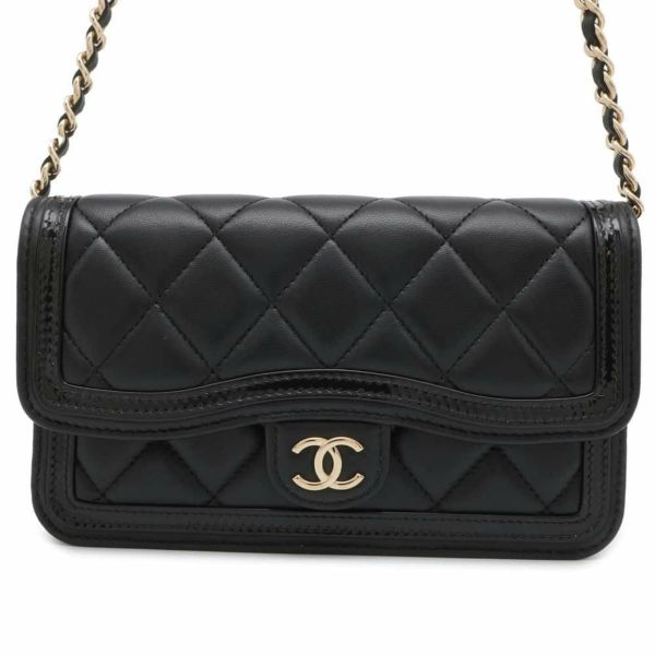 シャネル チェーンフォンケース マトラッセ ココマーク ラムスキン パテント AP3559 CHANEL 黒