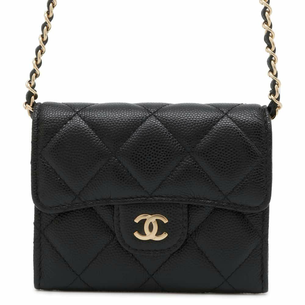 シャネル ミニチェーンウォレット カードケース マトラッセ キャビアスキン AP0238 CHANEL 財布 黒