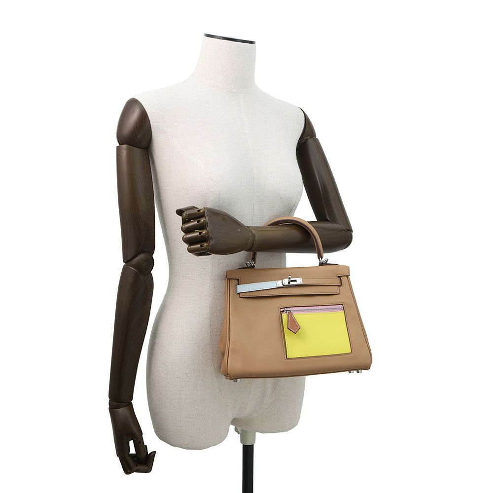 エルメス ケリー25 内縫い カラーマティック チャイ/ブループリュム/ライム/シルバー金具 スイフト U刻印 2wayショルダー