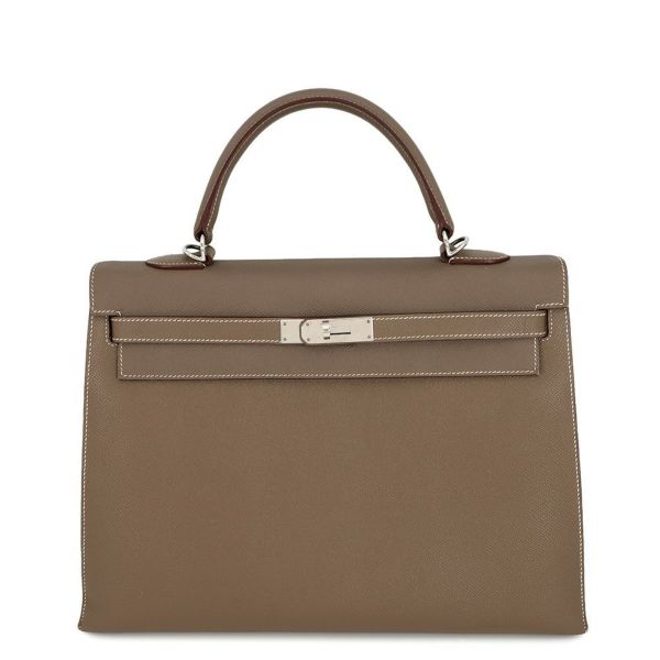 エルメス ハンドバッグ ケリー35 外縫い ヴェルソ エトゥープ/ルビー/シルバー金具 エプソン □R刻印 2wayショルダー SPO