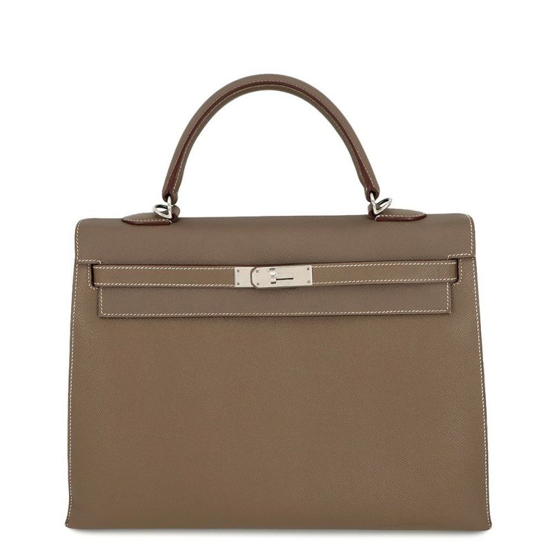 エルメス ハンドバッグ ケリー35 外縫い ヴェルソ エトゥープ/ルビー/シルバー金具 エプソン □R刻印 2wayショルダー SPO