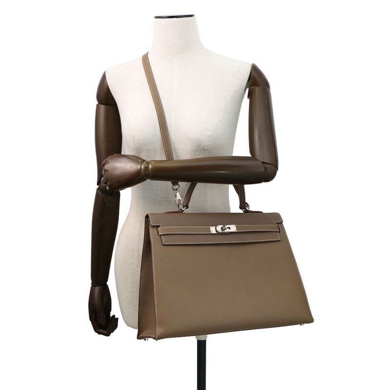 エルメス ハンドバッグ ケリー35 外縫い ヴェルソ エトゥープ/ルビー/シルバー金具 エプソン □R刻印 2wayショルダー SPO