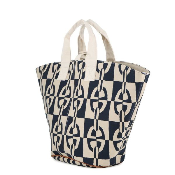 エルメス トートバッグ パニエ ド プラージュ オプティック シェーヌダンクル PM ホワイト/ネイビー/シルバー金具 キャンバス