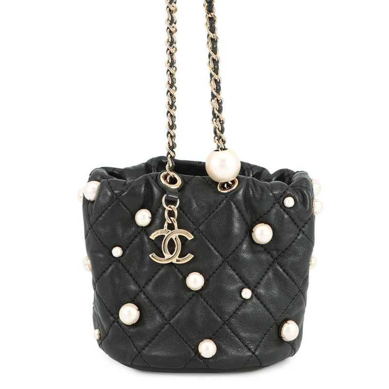シャネル チェーンショルダーバッグ マトラッセ ココマーク ラムスキン フェイクパール AS2518 CHANEL 黒
