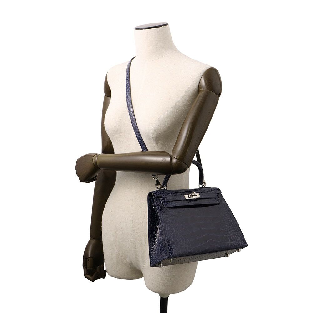 エルメス ハンドバッグ ケリー25 外縫い ブルーサフィール/シルバー金具 アリゲーターシャイン C刻印 2wayショルダー