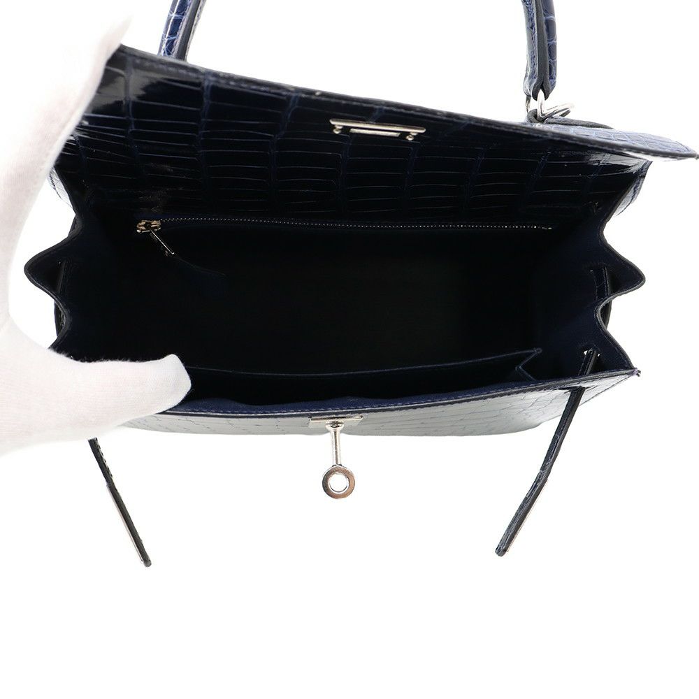 エルメス ハンドバッグ ケリー25 外縫い ブルーサフィール/シルバー金具 アリゲーターシャイン C刻印 2wayショルダー