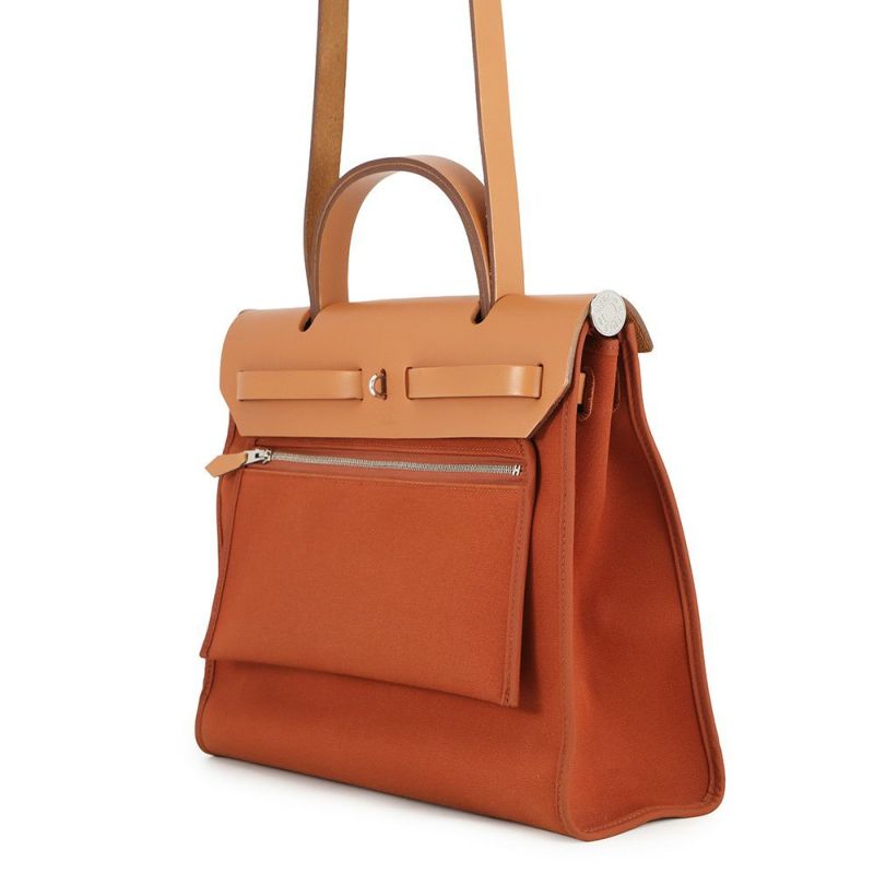 エルメス エールバッグジップPM オレンジ/ナチュラル/シルバー金具 トワルアッシュ/ヴァッシュハンター A刻印 2way