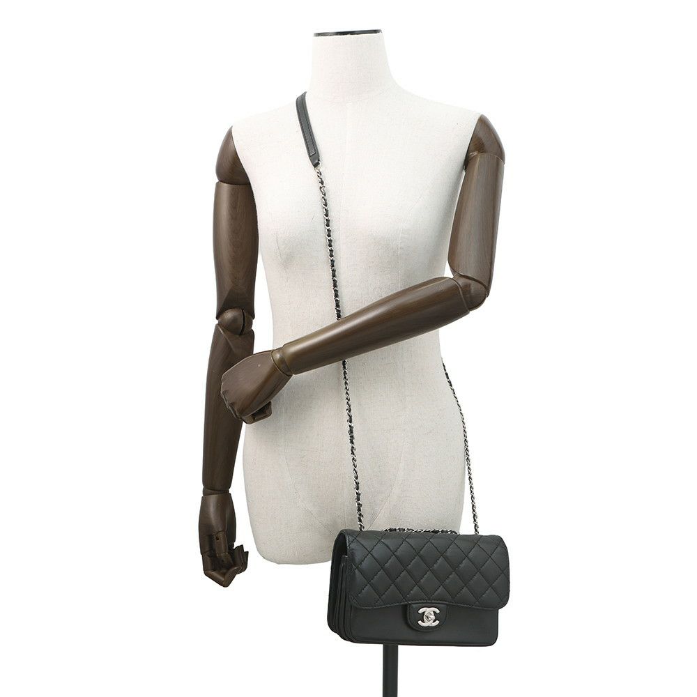 シャネル チェーンショルダーバッグ マトラッセ ココマーク マチポケット アコーディオン ラムスキン CHANEL 黒