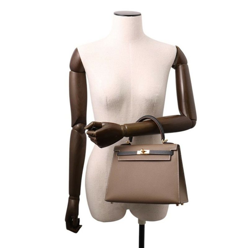 エルメス ハンドバッグ ケリー25 外縫い トリコロール エトゥープ/アルドワーズ/ブラック/ゴールド金具 エプソン K刻印 2way