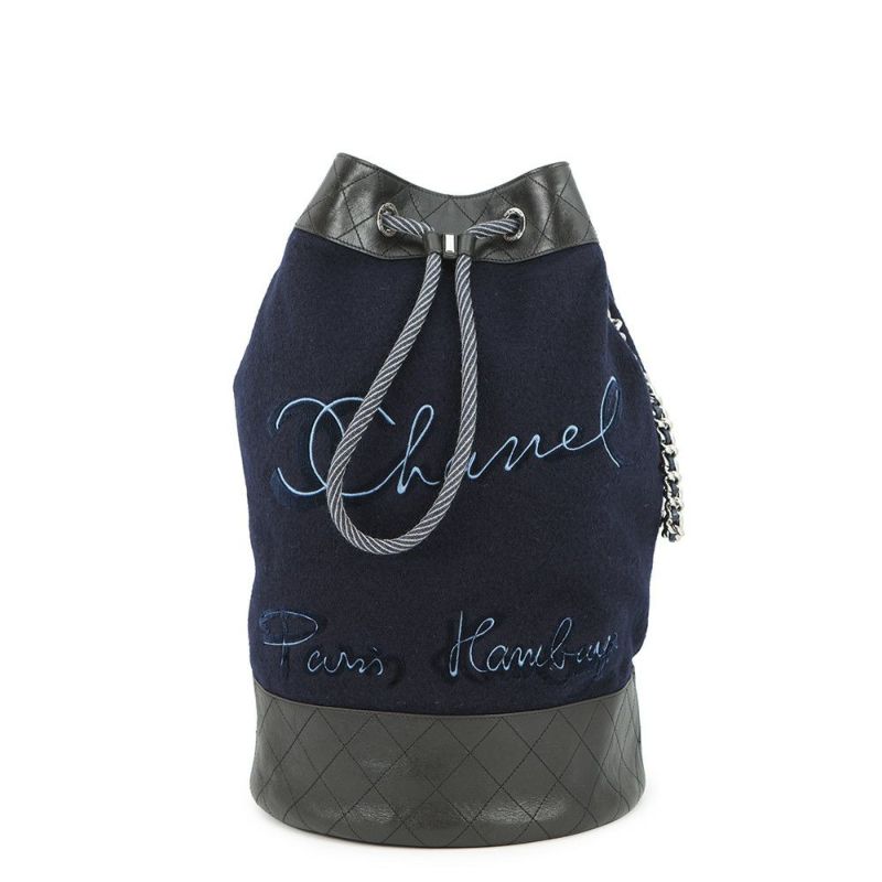 シャネル ショルダーバッグ エンブロイダリー ドローストリング 刺繍 ウール A57519 CHANEL 巾着バッグ 黒