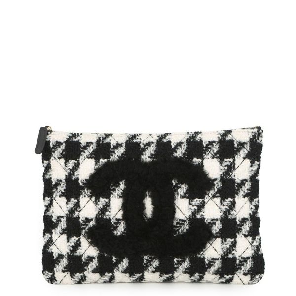 シャネル クラッチバッグ ココマーク ツイード 千鳥格子 CHANEL セカンドバッグ 黒 白