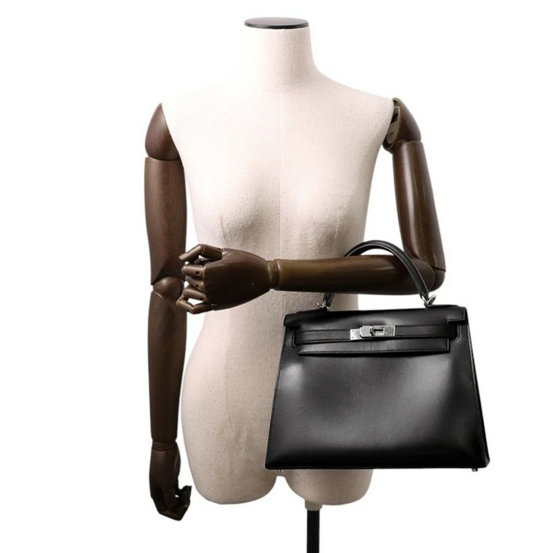 エルメス ハンドバッグ ケリー28 外縫い ブラック/シルバー金具 ボックスカーフ □G刻印 2wayショルダー 黒