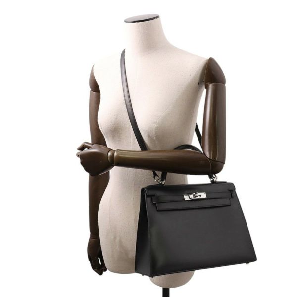 エルメス ハンドバッグ ケリー28 外縫い ブラック/シルバー金具 ボックスカーフ □G刻印 2wayショルダー 黒