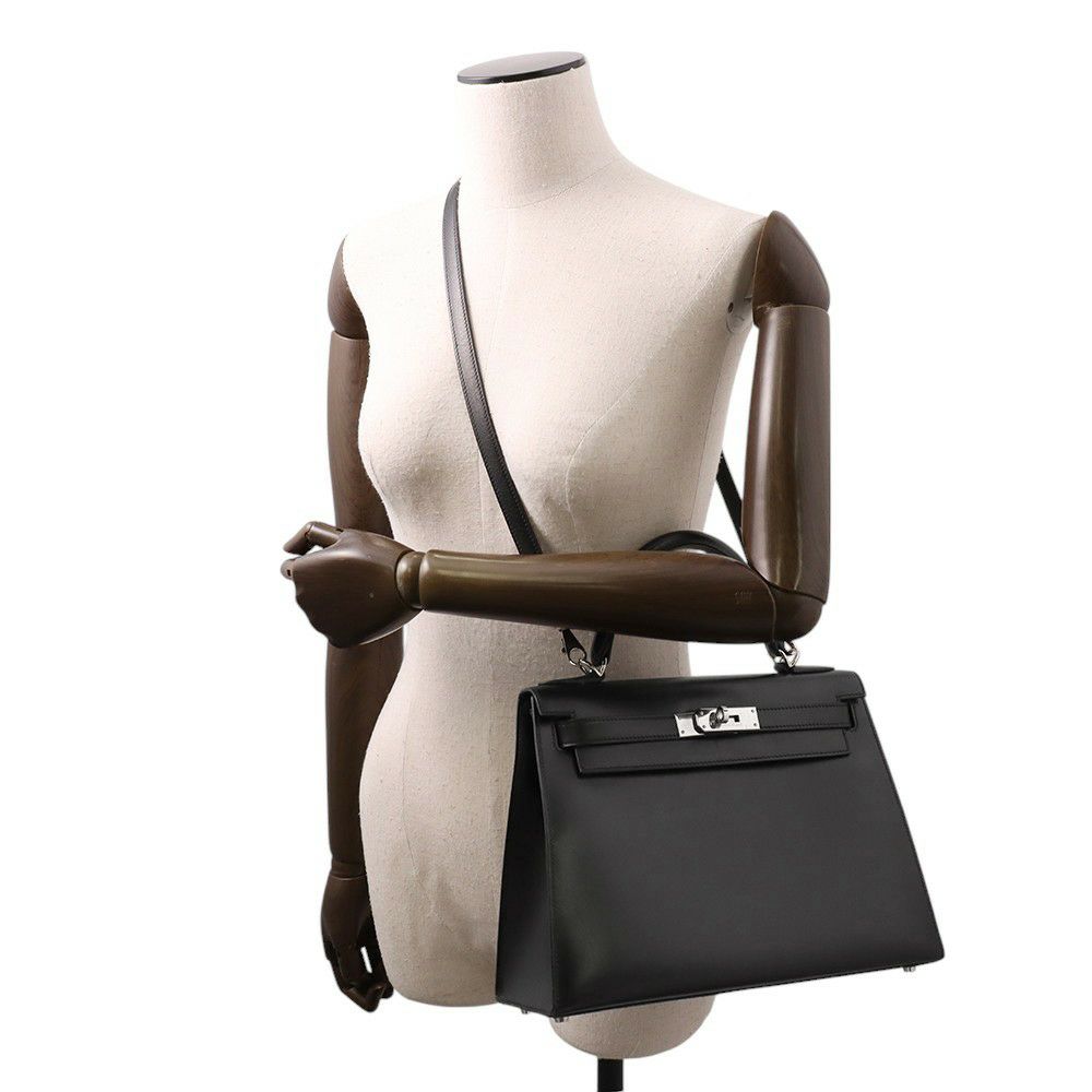 エルメス ハンドバッグ ケリー28 外縫い ブラック/シルバー金具 ボックスカーフ □G刻印 2wayショルダー 黒