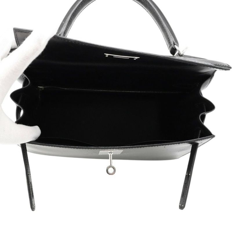 エルメス ハンドバッグ ケリー28 外縫い ブラック/シルバー金具 ボックスカーフ □G刻印 2wayショルダー 黒