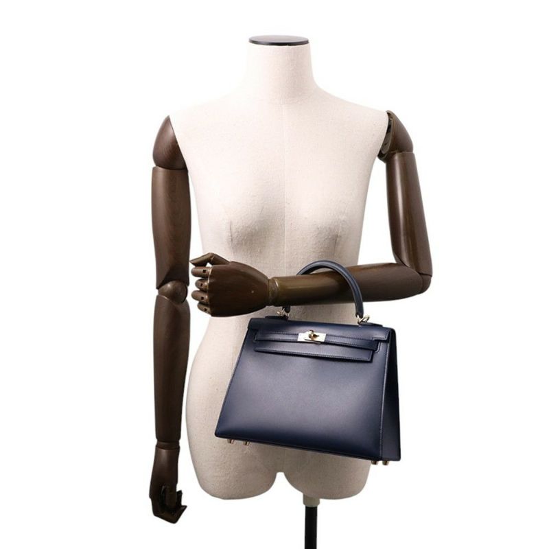 エルメス ハンドバッグ ケリー25 外縫い ブルーアビス/シャンパンゴールド金具 タデラクト K刻印 2wayショルダー