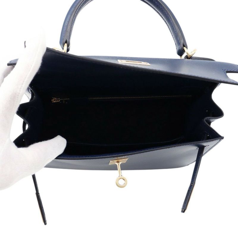 エルメス ハンドバッグ ケリー25 外縫い ブルーアビス/シャンパンゴールド金具 タデラクト K刻印 2wayショルダー