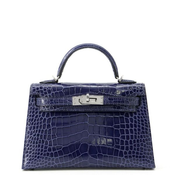 エルメス ミニケリー2 外縫い ブルーサフィール/シルバー金具 アリゲーターシャイン A刻印 2wayショルダー