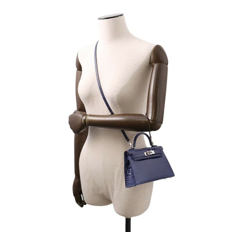 エルメス ミニケリー2 外縫い ブルーサフィール/シルバー金具 アリゲーターシャイン A刻印 2wayショルダー