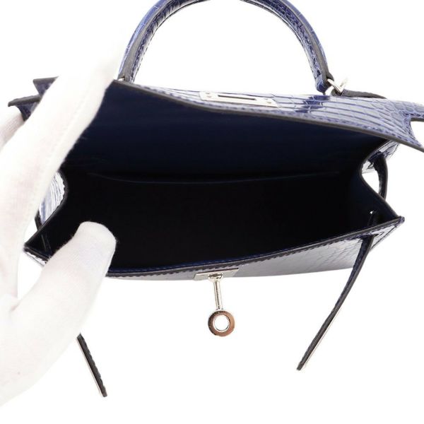 エルメス ミニケリー2 外縫い ブルーサフィール/シルバー金具 アリゲーターシャイン A刻印 2wayショルダー
