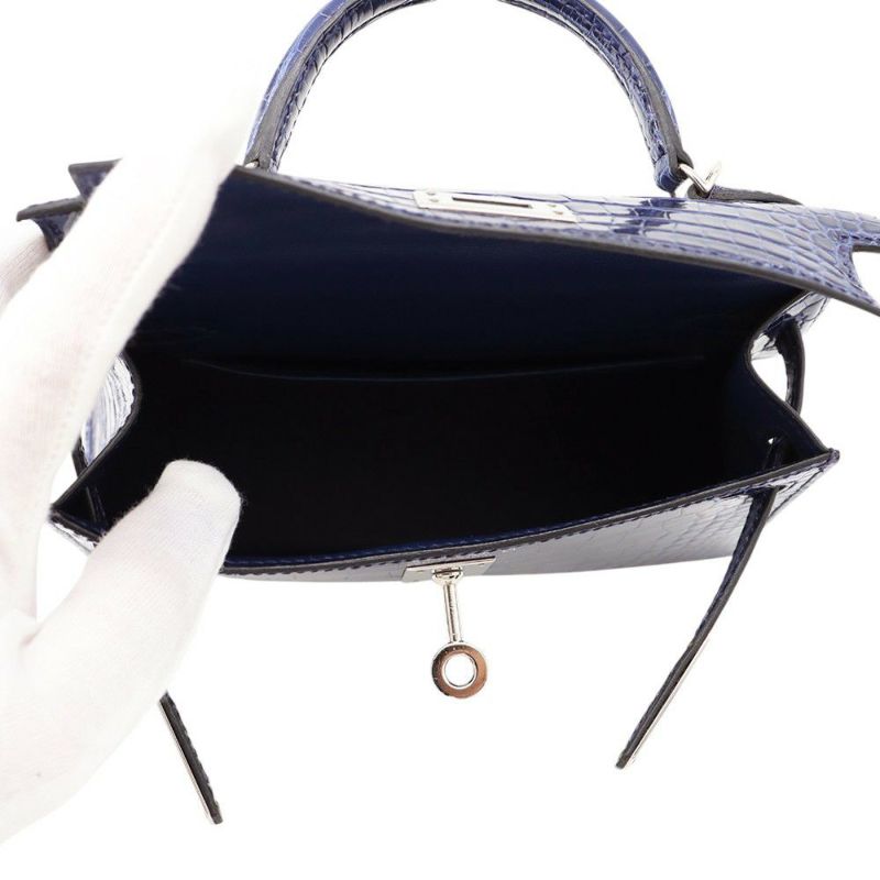 エルメス ミニケリー2 外縫い ブルーサフィール/シルバー金具 アリゲーターシャイン A刻印 2wayショルダー