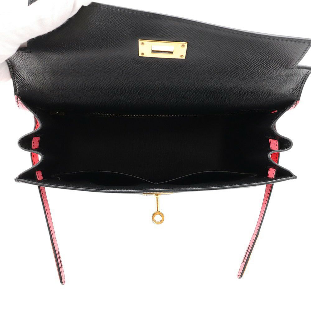 エルメス ハンドバッグ ケリー28 外縫い ブラック/ローズアザレ/ゴールド金具 エプソン C刻印 2wayショルダー 黒