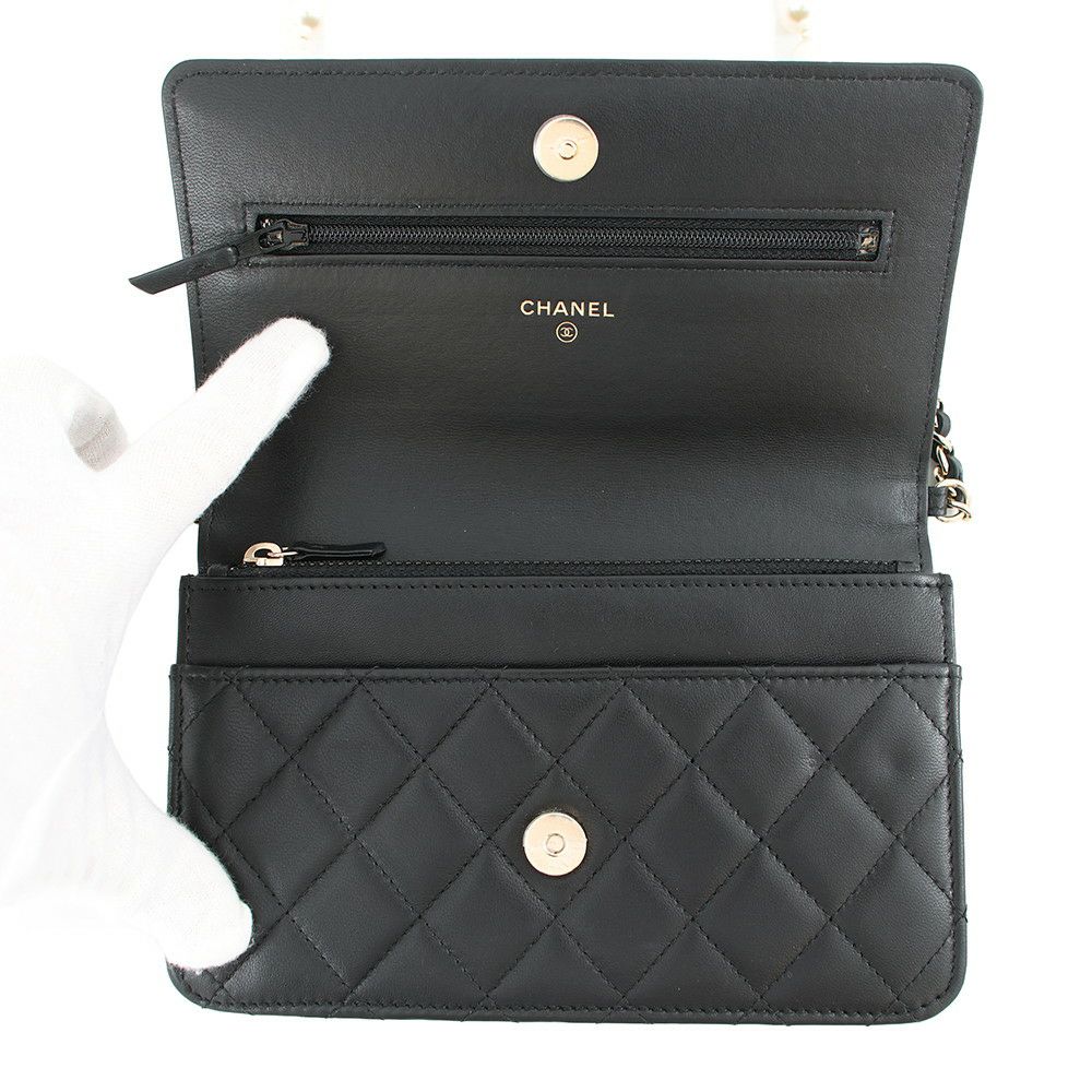 シャネル チェーンウォレット マトラッセ パール ココマーク ラムスキン AP2579 CHANEL 財布 黒