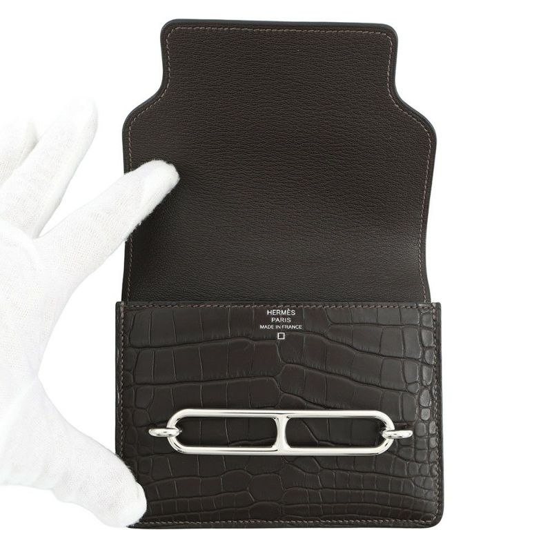 エルメス 財布 ロウリス ルリ スリム エベンヌ/シルバー金具 アリゲーターマット D刻印 財布