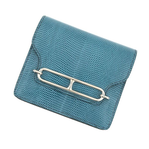 エルメス 財布 ロウリス ルリ スリム ブルーペトロール/シルバー金具 リザード W刻印 財布
