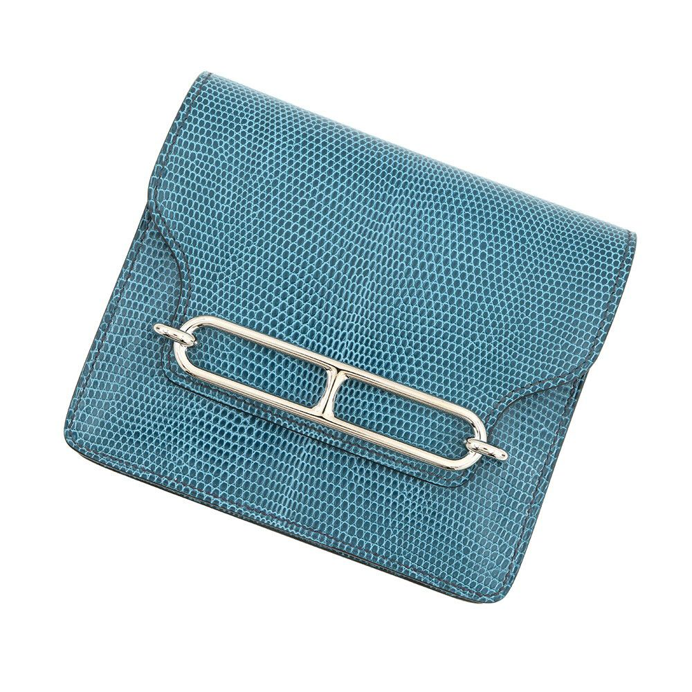 エルメス 財布 ロウリス ルリ スリム ブルーペトロール/シルバー金具 リザード W刻印 財布