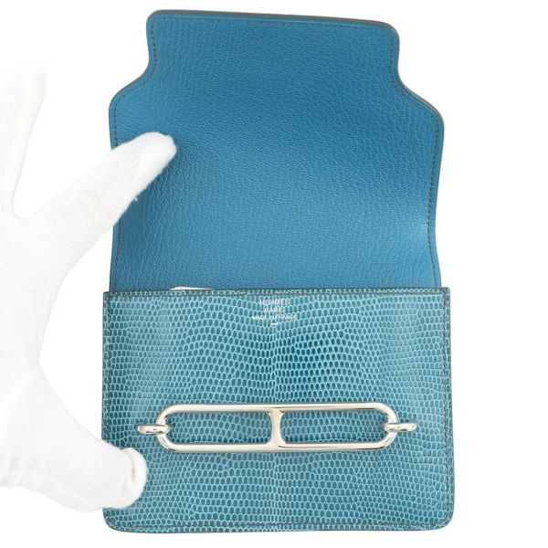 エルメス 財布 ロウリス ルリ スリム ブルーペトロール/シルバー金具 リザード W刻印 財布