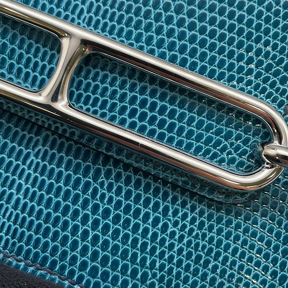 エルメス 財布 ロウリス ルリ スリム ブルーペトロール/シルバー金具 リザード W刻印 財布