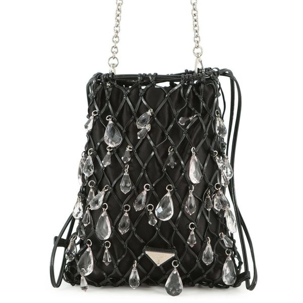プラダ チェーンショルダーバッグ ビジュー 巾着バッグ サテン PRADA 黒